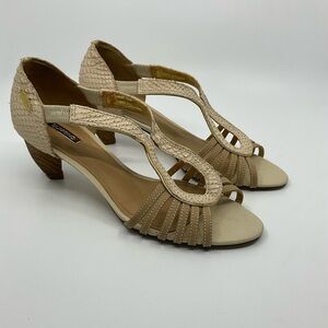Dumond Cream and Gold Reptile Textured Wooden Heel Strappy Sandals